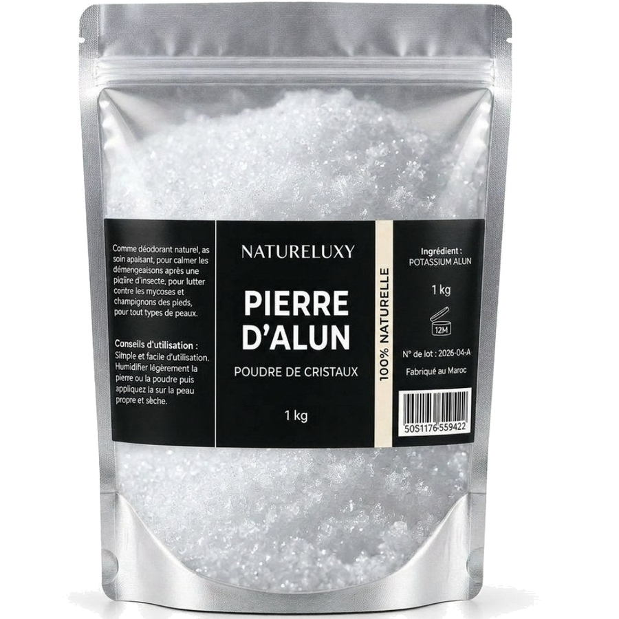 Pierre d’Alun en Poudre 1 kg (Potassium Alum) – Déodorant Naturel & Actif Cosmétique – Potassium Medical & Care – produit naturel présenté par Natureluxy