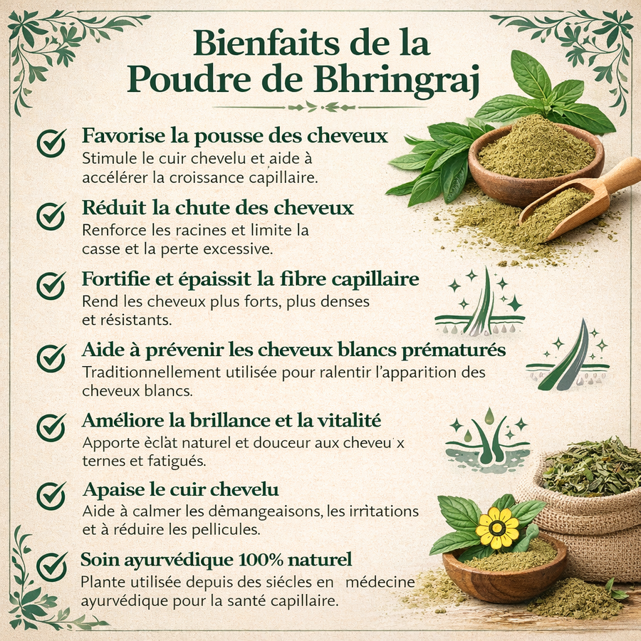 Poudre de Bhringraj Elina 100% pure et naturelle – soin capillaire 100g