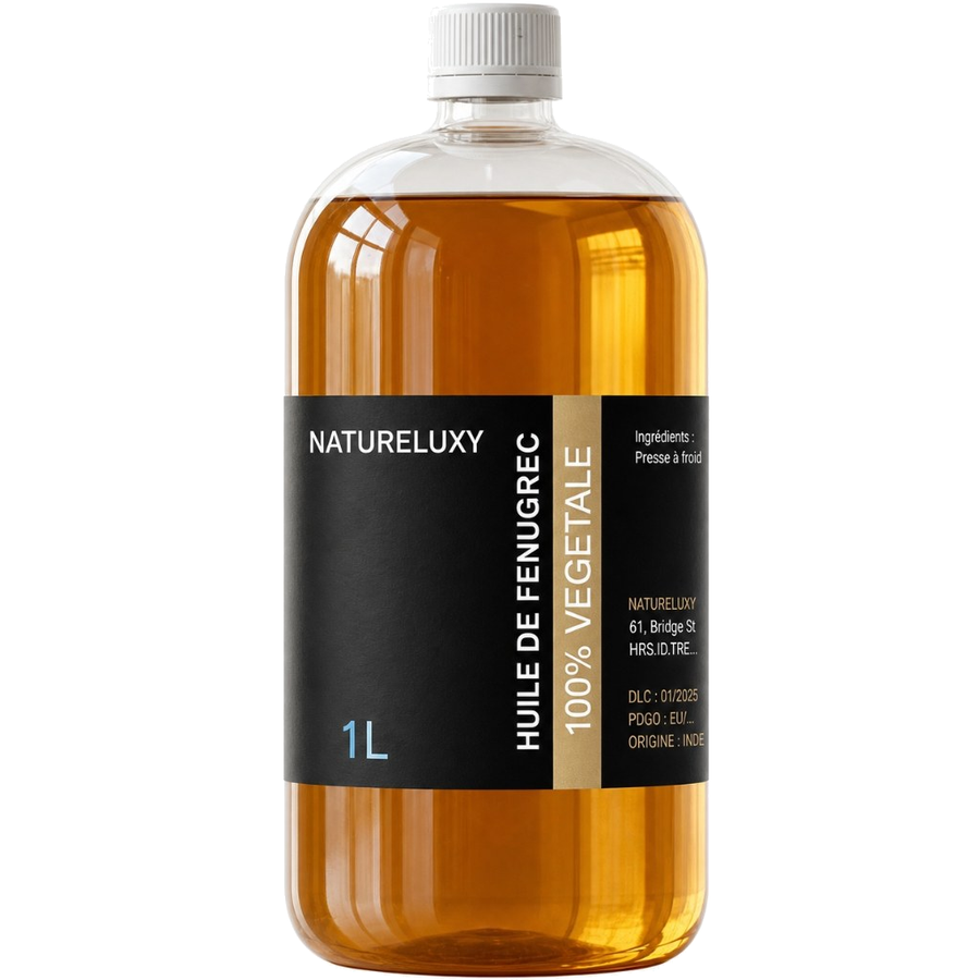Huile de Fenugrec 1L – Usage externe – Qualité cosmétique – produit naturel présenté par Natureluxy