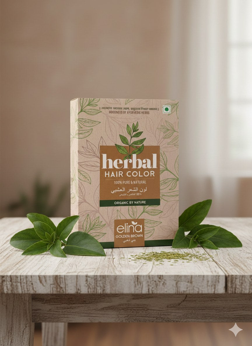 Coloration capillaire végétale Golden Brown – herbes ayurvédiques – produit naturel présenté par Natureluxy