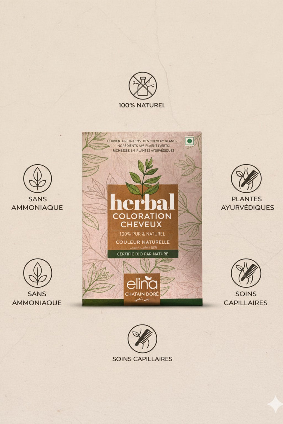 Coloration capillaire végétale Golden Brown – herbes ayurvédiques – produit naturel présenté par Natureluxy