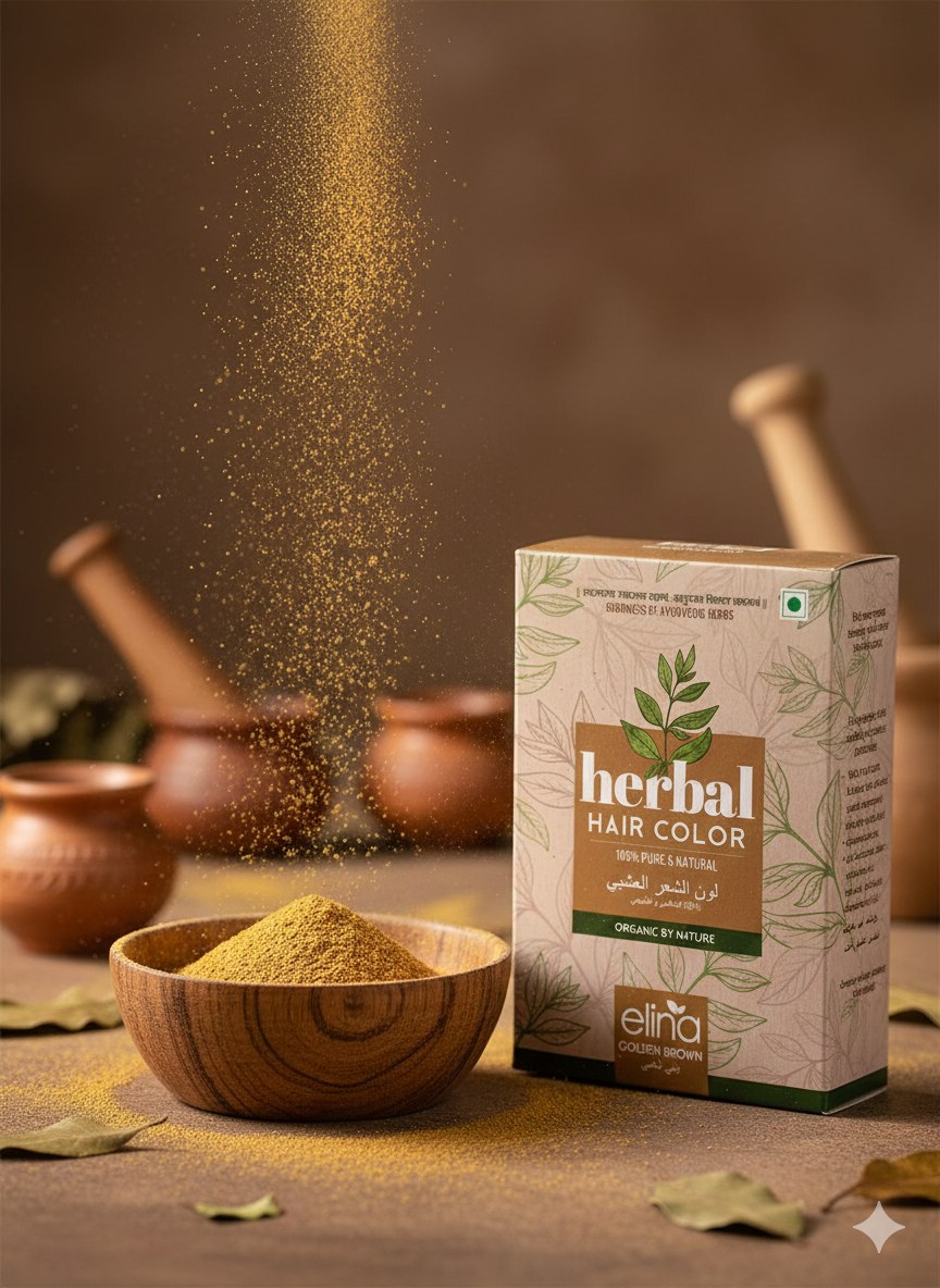 Coloration capillaire végétale Golden Brown – herbes ayurvédiques – produit naturel présenté par Natureluxy