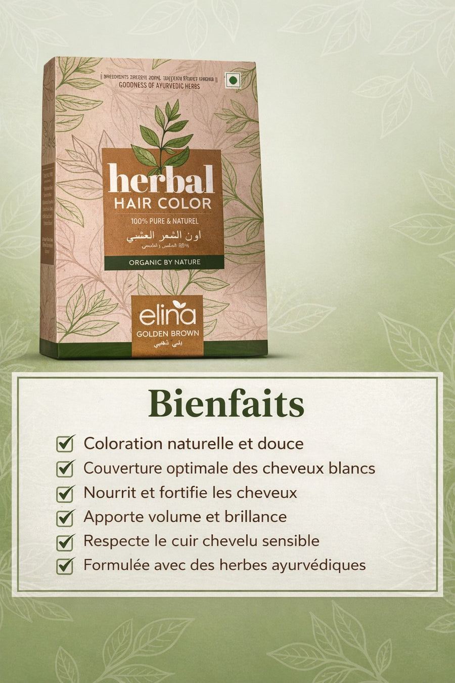 Coloration capillaire végétale Golden Brown – herbes ayurvédiques – produit naturel présenté par Natureluxy