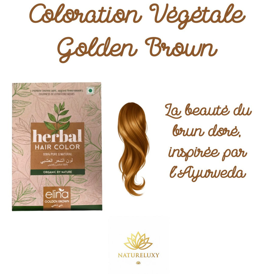 Coloration capillaire végétale Golden Brown – herbes ayurvédiques – produit naturel présenté par Natureluxy