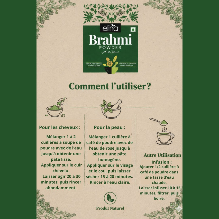 Poudre de Brahmi 100 g – soin capillaire en poudre – produit naturel présenté par Natureluxy