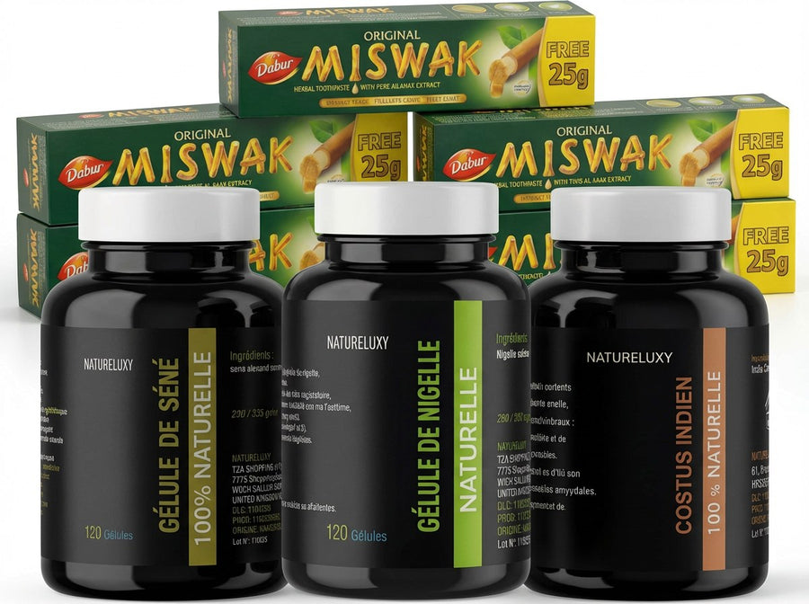 Pack bien-être naturel complet Nigelle, Costus, Séné, Miswak x5 – produit naturel présenté par Natureluxy