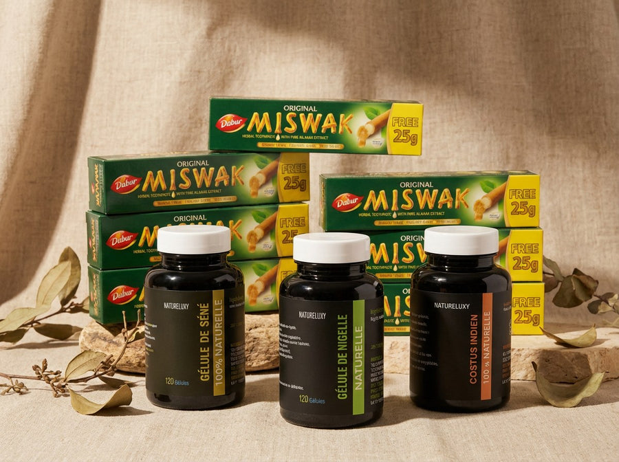 Pack bien-être naturel complet Nigelle, Costus, Séné, Miswak x5 – produit naturel présenté par Natureluxy