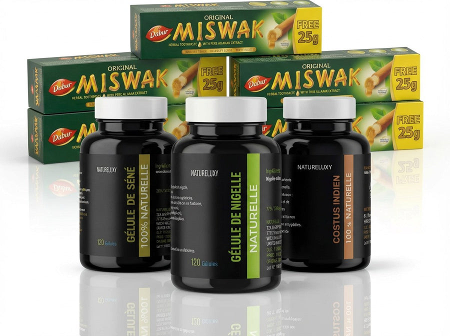 Pack bien-être naturel complet Nigelle, Costus, Séné, Miswak x5 – produit naturel présenté par Natureluxy