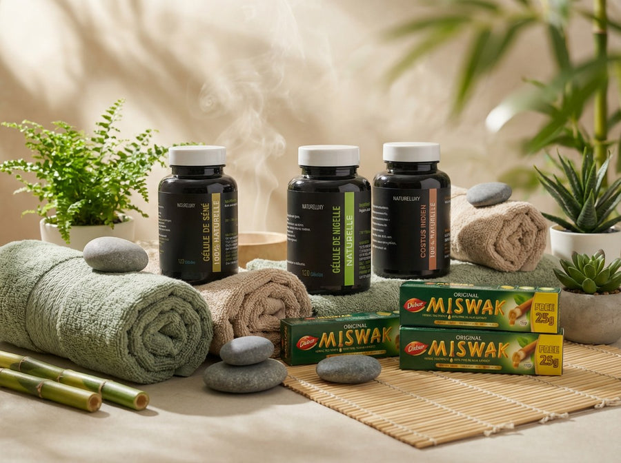 Pack bien-être naturel complet Nigelle, Costus, Séné, Miswak x5 – produit naturel présenté par Natureluxy