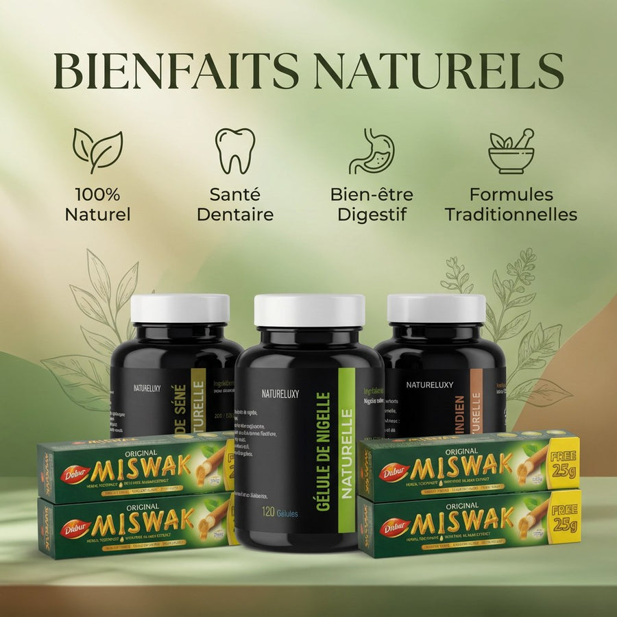 Pack bien-être naturel complet Nigelle, Costus, Séné, Miswak x5 – produit naturel présenté par Natureluxy