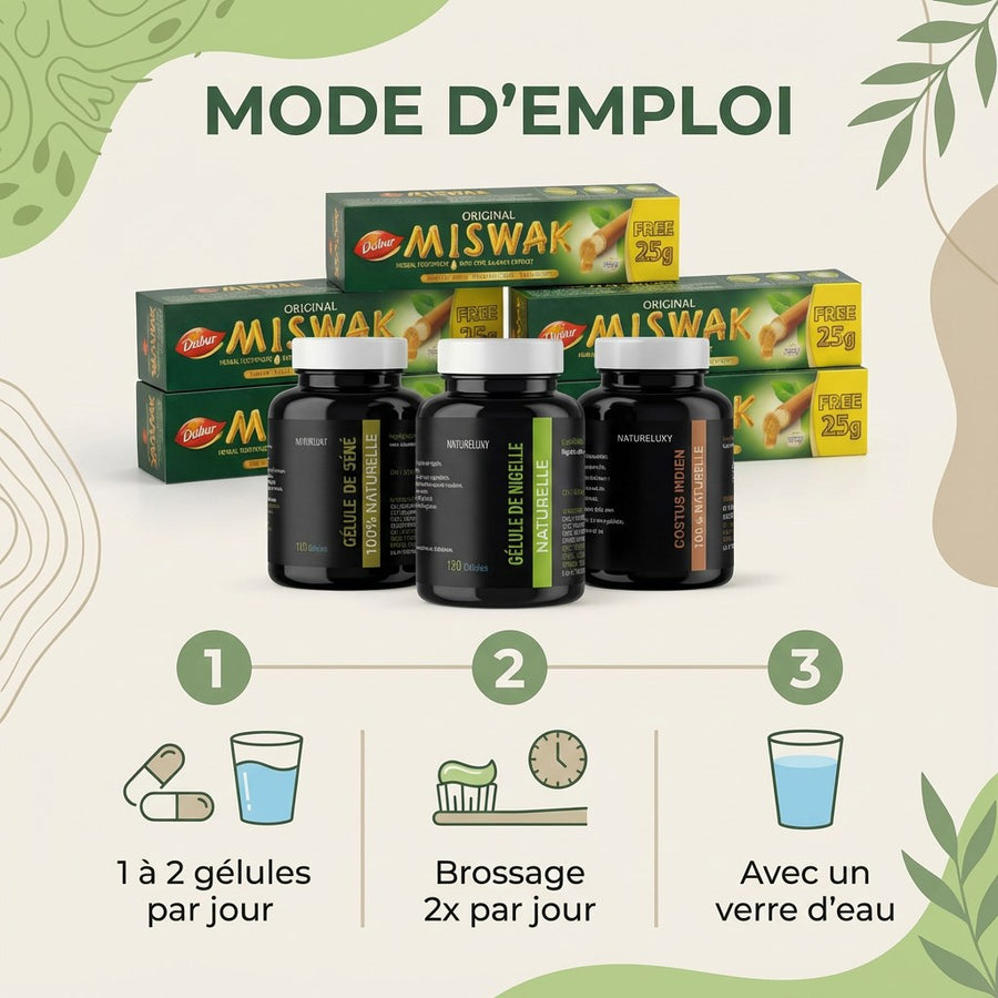 Pack bien-être naturel complet Nigelle, Costus, Séné, Miswak x5 – produit naturel présenté par Natureluxy