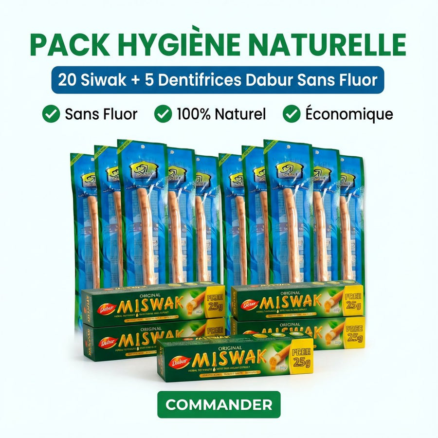 <img src="pack-siwak-dabur-sans-fluor-marketing-cta.jpg" 
     alt="Pack hygiène naturelle : 20 Siwak Arak + 5 dentifrices Dabur Miswak 100% naturels sans fluor avec arguments de vente" 
     title="Pack Siwak Dabur - Sans Fluor, 100% Naturel, Économique"
     width="1024" 
     height="1024">
