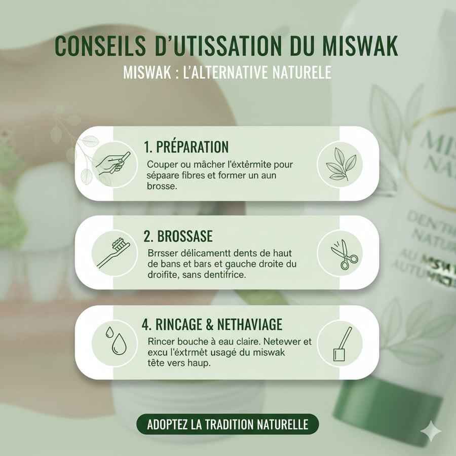 Pack Hygiène Naturelle : 20 Siwak Arak + 5 Dentifrices Miswak Dabur Sans Fluor – produit naturel présenté par Natureluxy