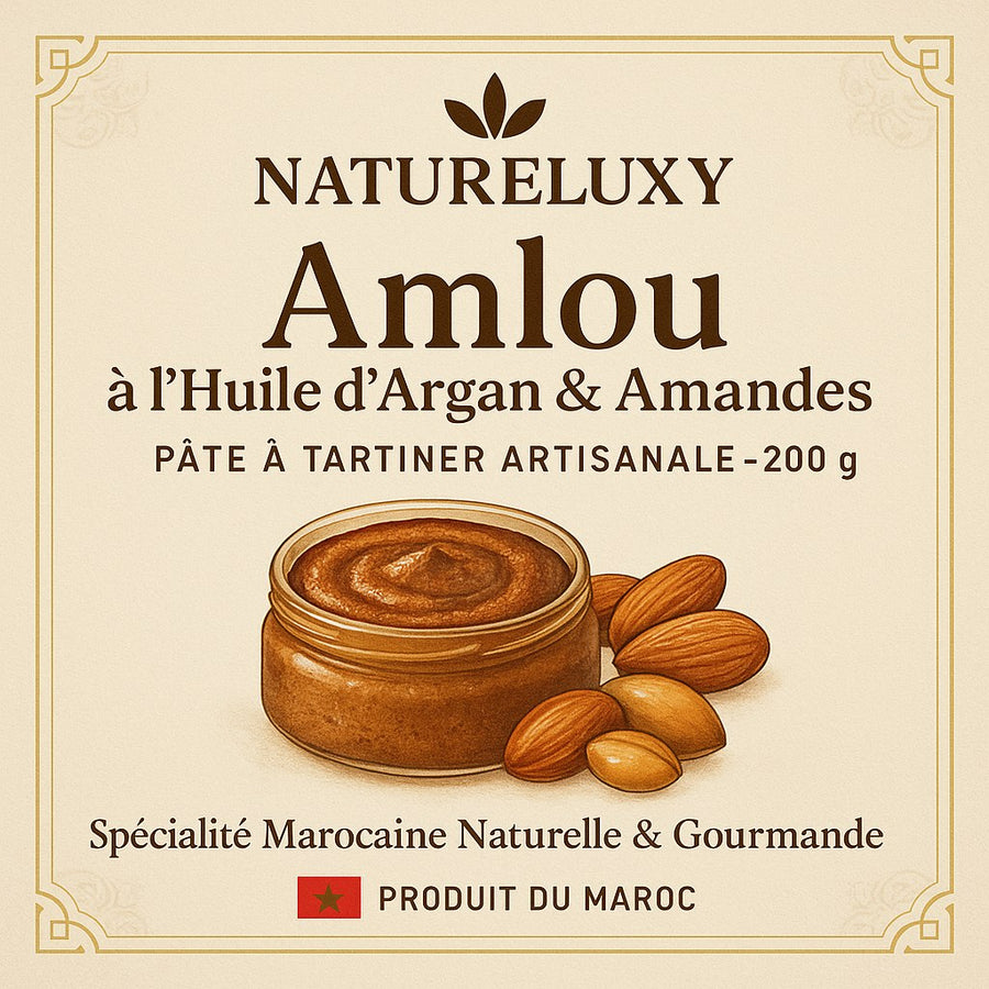Amlou aux Amandes 500g - Pâte à Tartiner à l’Huile d’Argan et au Miel d’Oranger – produit naturel présenté par Natureluxy