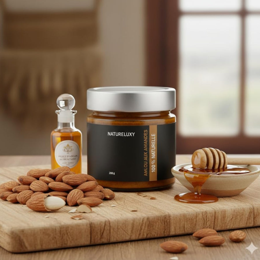 Amlou aux amandes 200 g – Pâte à tartiner marocaine (miel d’oranger & huile d’argan) – produit naturel présenté par Natureluxy
