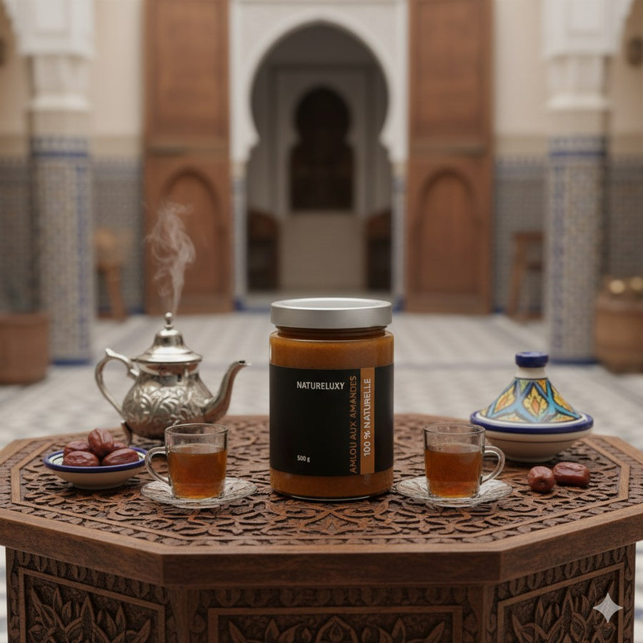Amlou aux Amandes 500g - Pâte à Tartiner à l’Huile d’Argan et au Miel d’Oranger – produit naturel présenté par Natureluxy