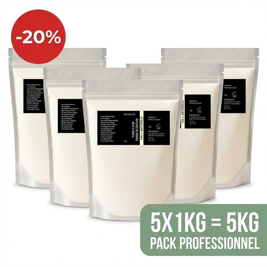 Pierre d’Alun en Poudre 5 kg — Usage Cosmétique – produit naturel présenté par Natureluxy