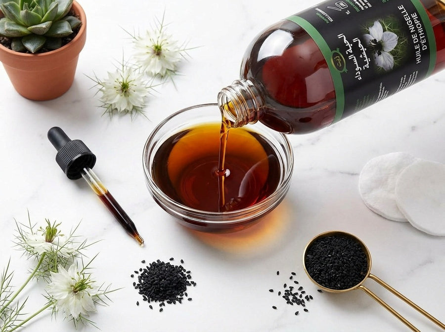 Huile de Nigelle d’Éthiopie Haute Qualité 1L – Pressée à froid – Non filtrée – Cosmétique & Comestible (Habashia) – produit naturel présenté par Natureluxy