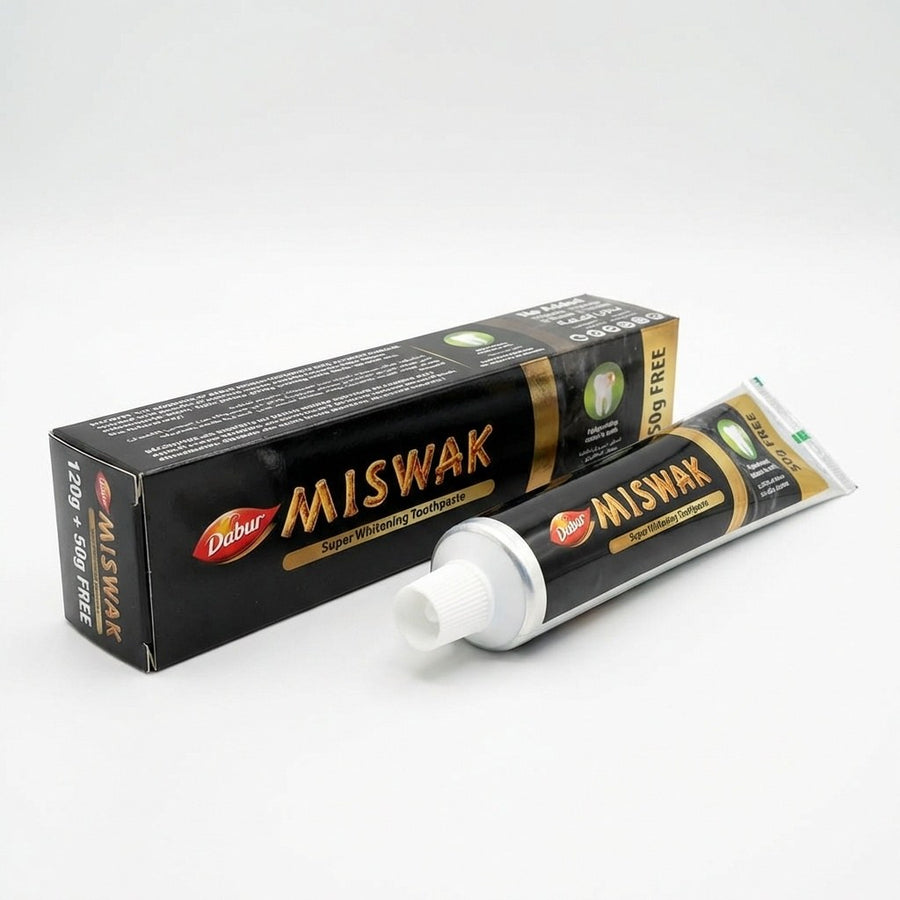 Lot de 2 – Dabur Miswak Dentifrice Blanchissant au Charbon Actif – 120 g + 50 g Offert (x2) – produit naturel présenté par Natureluxy