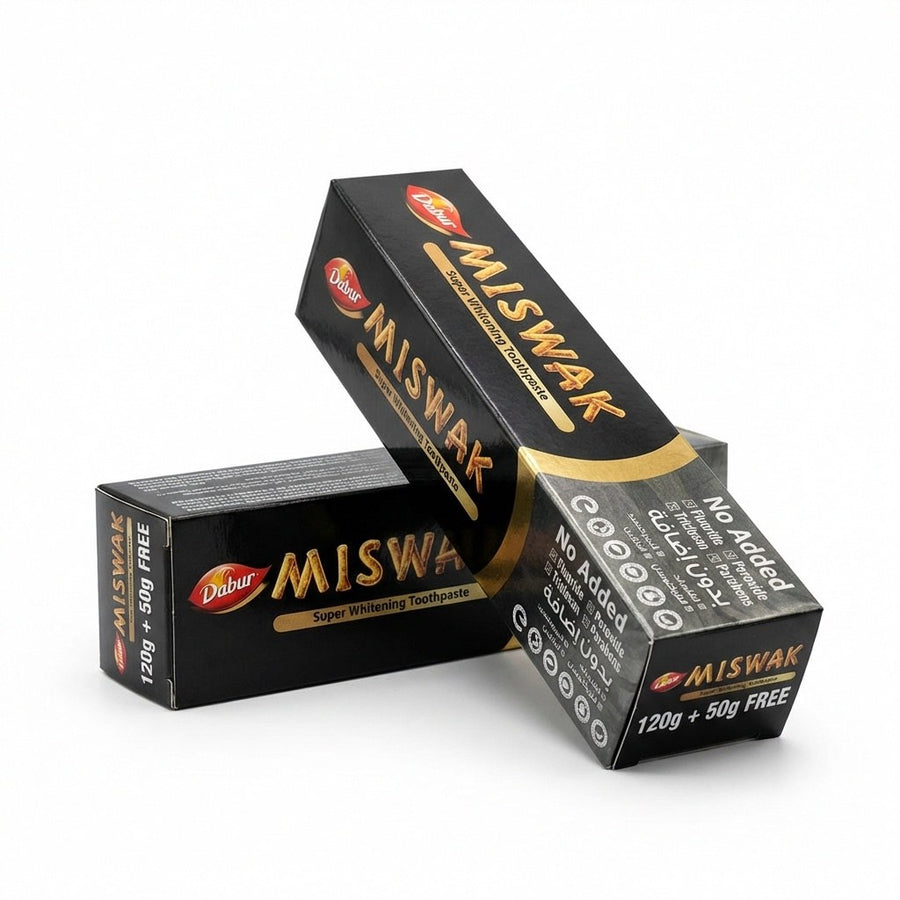 Lot de 2 – Dabur Miswak Dentifrice Blanchissant au Charbon Actif – 120 g + 50 g Offert (x2) – produit naturel présenté par Natureluxy