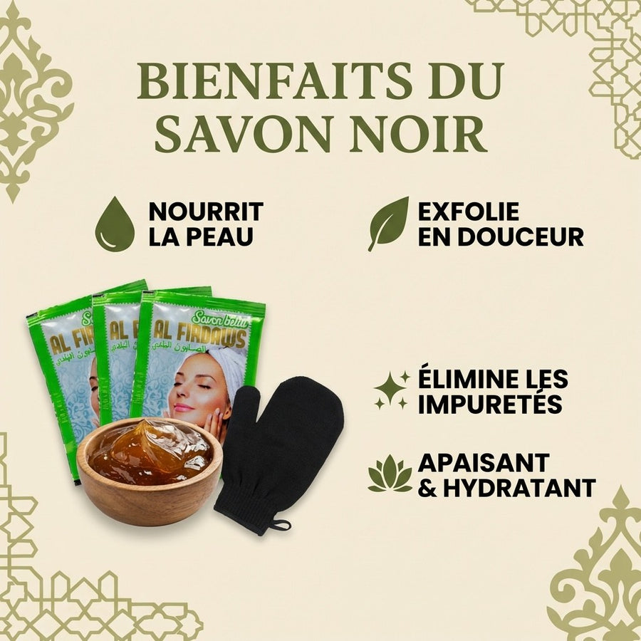 Gant Kessa avec Gant Dorsal et Dosette Savon Noir - Exfoliant – produit naturel présenté par Natureluxy
