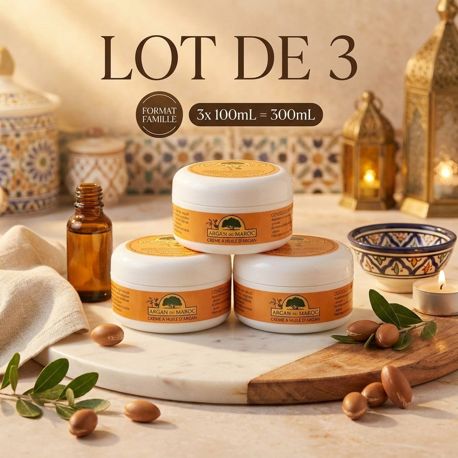 3 Crèmes Argan du Maroc Visage & Contour des Yeux Jour/Nuit 100 mL – produit naturel présenté par Natureluxy