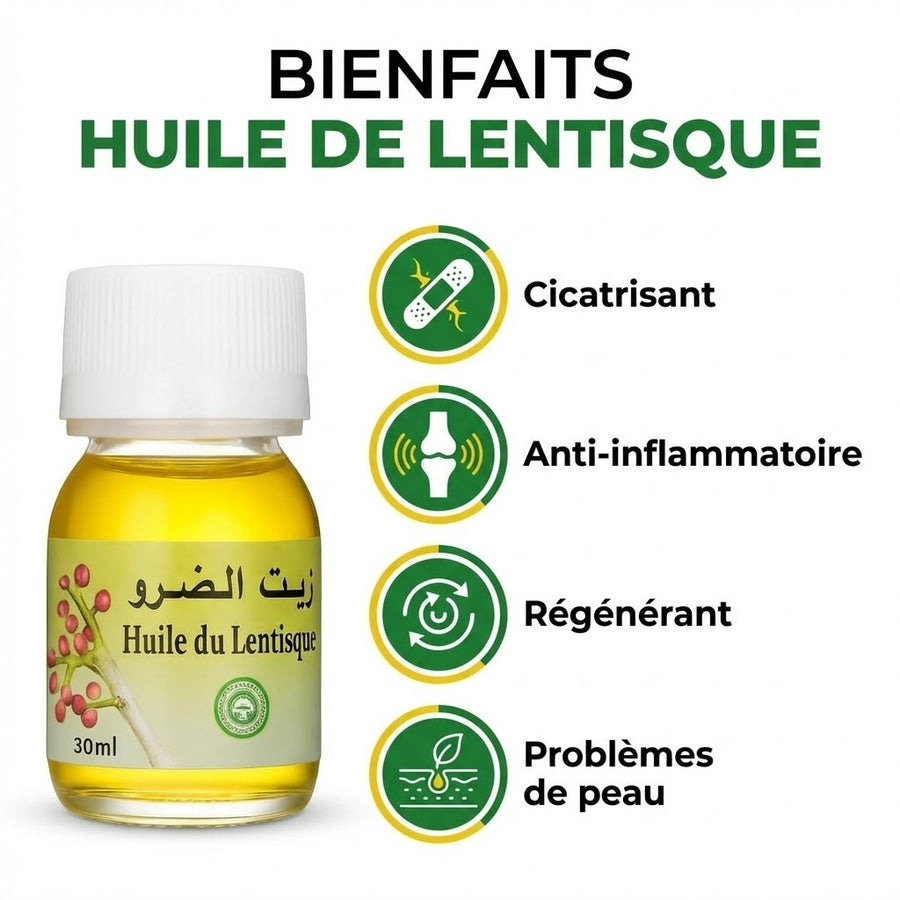 Huile de Lentisque 30mL 100% Naturelle (Mâcérat) – produit naturel présenté par Natureluxy
