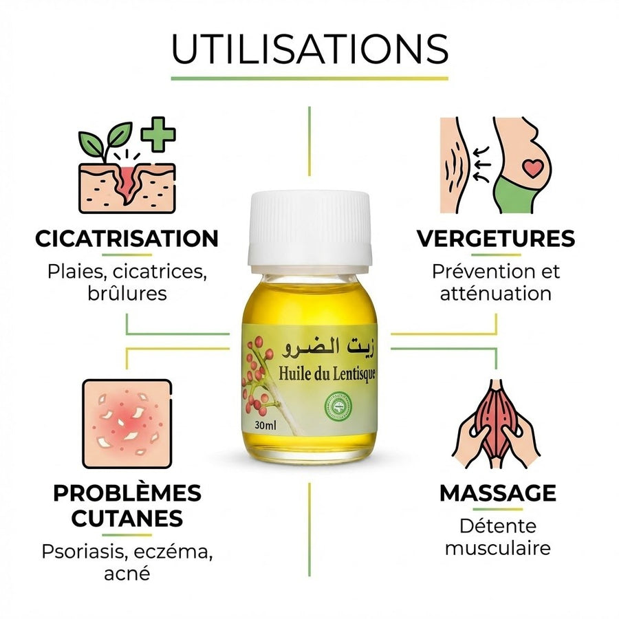 Huile de Lentisque 30mL 100% Naturelle (Mâcérat) – produit naturel présenté par Natureluxy