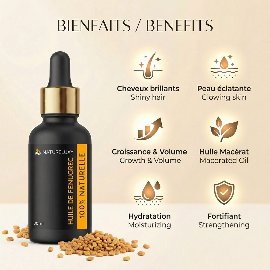 Huile de Fenugrec 30mL à Pipette – produit naturel présenté par Natureluxy