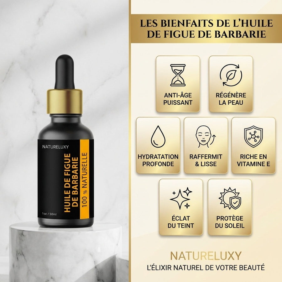 Lot de 3 Huiles de Figue de Barbarie 30 ml Pipette — 100% naturelle, Huile végétale visage anti-âge (3×30 ml) – produit naturel présenté par Natureluxy
