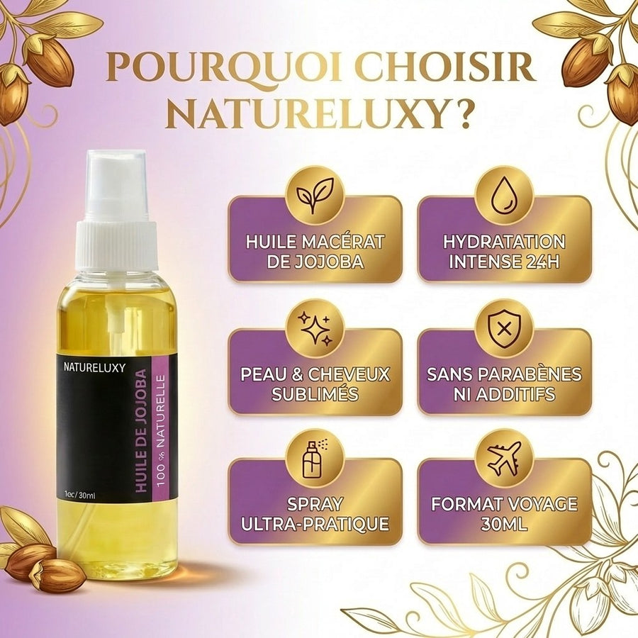 huile de Jojoba 30mL Spray 100% Naturelle – produit naturel présenté par Natureluxy