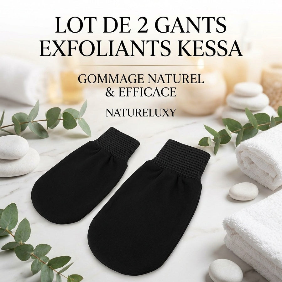 Lot de 2 Gants de Gommage Kessa Haute Qualité – produit naturel présenté par Natureluxy
