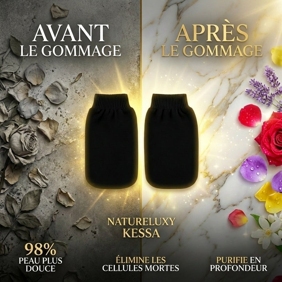 Lot de 2 Gants de Gommage Kessa Haute Qualité – produit naturel présenté par Natureluxy
