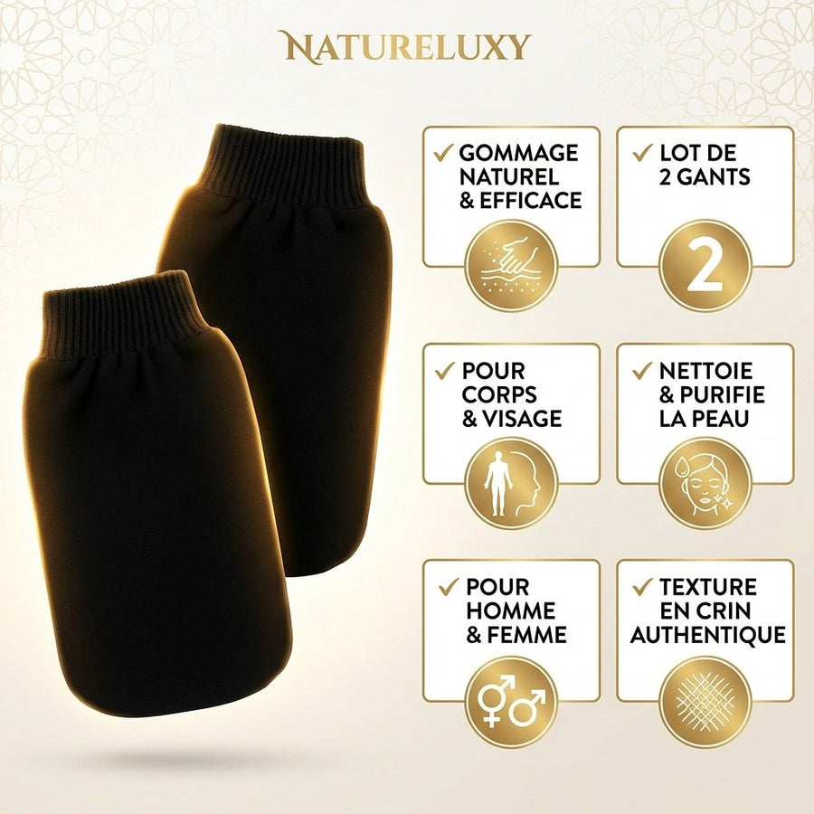 Lot de 2 Gants de Gommage Kessa Haute Qualité – produit naturel présenté par Natureluxy