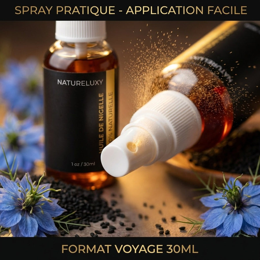 Huile de Nigelle 30mL spray 100% naturelle – produit naturel présenté par Natureluxy