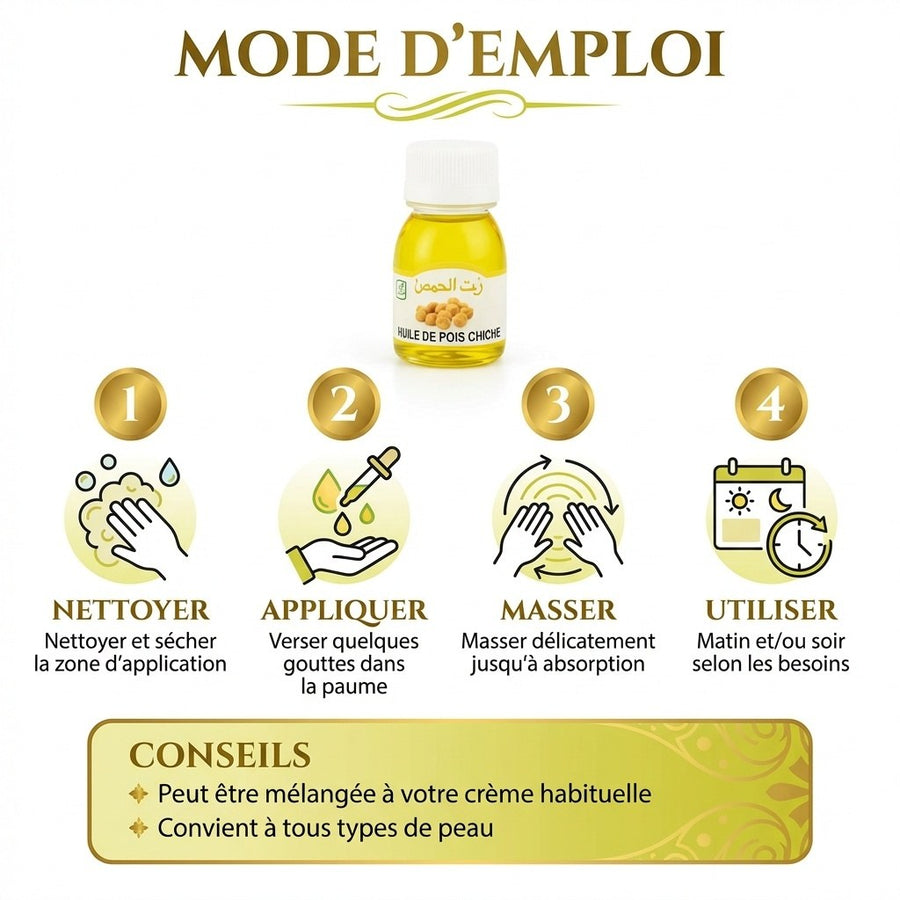 Huile de Pois Chiche 30mL 100% Naturelle – produit naturel présenté par Natureluxy
