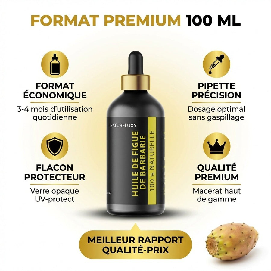 Huile de Figue de Barbarie 100 ml pipette – 100% naturelle (macérat) – soin visage anti-âge – produit naturel présenté par Natureluxy