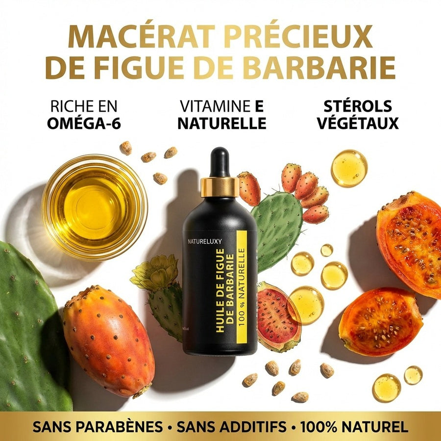 Huile de Figue de Barbarie 100 ml pipette – 100% naturelle (macérat) – soin visage anti-âge – produit naturel présenté par Natureluxy