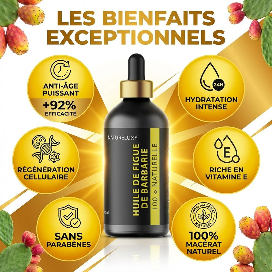Huile de Figue de Barbarie 100 ml pipette – 100% naturelle (macérat) – soin visage anti-âge – produit naturel présenté par Natureluxy