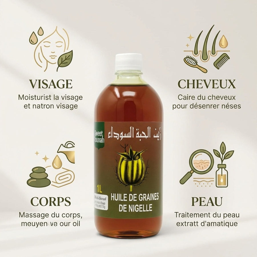 Huile de Graine de Nigelle 1L Sweet Sunnah - Pressée à Froid – produit naturel présenté par Natureluxy