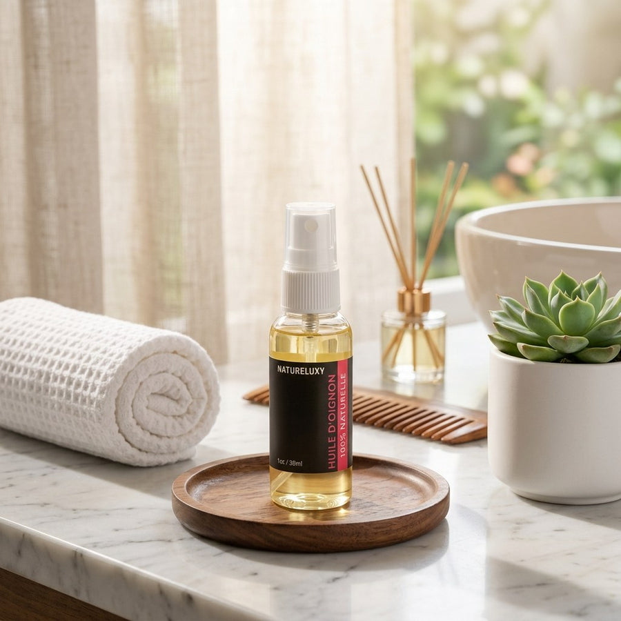 Huile d’Oignon 30 ml Spray 100% Naturelle – Soin cheveux & peau – produit naturel présenté par Natureluxy