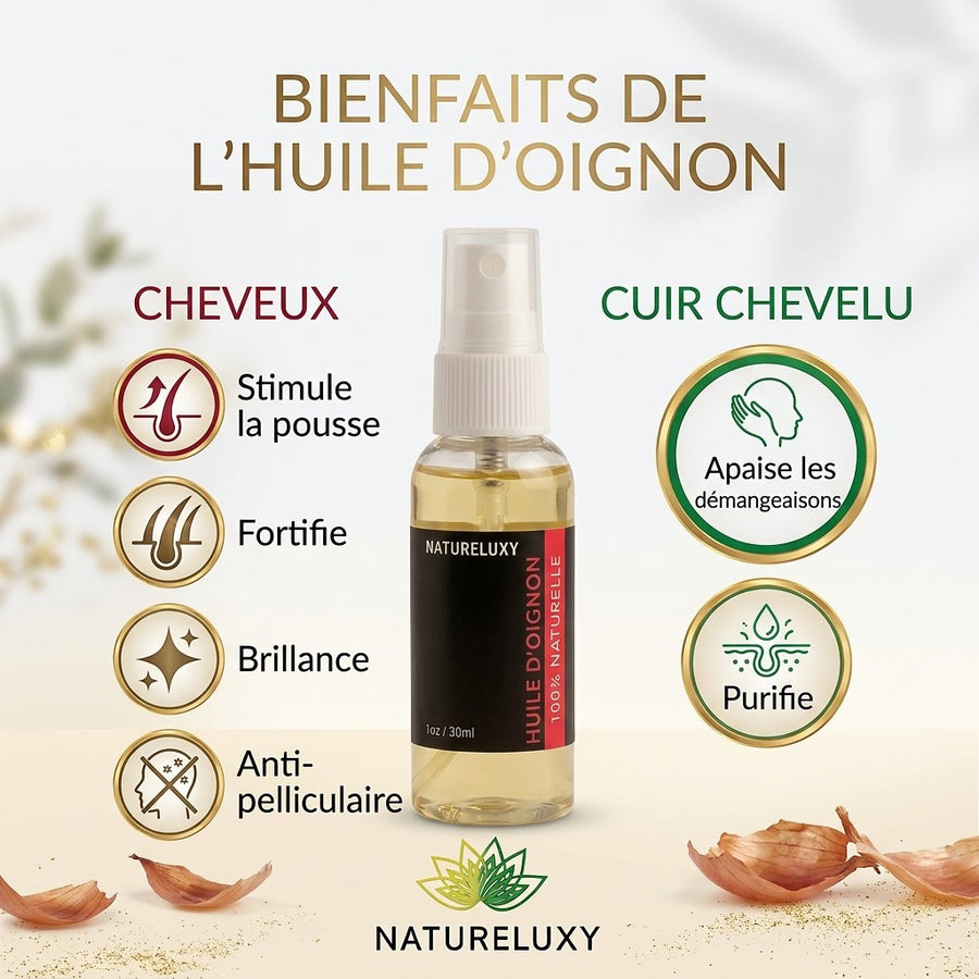 Huile d’Oignon 30 ml Spray 100% Naturelle – Soin cheveux & peau – produit naturel présenté par Natureluxy
