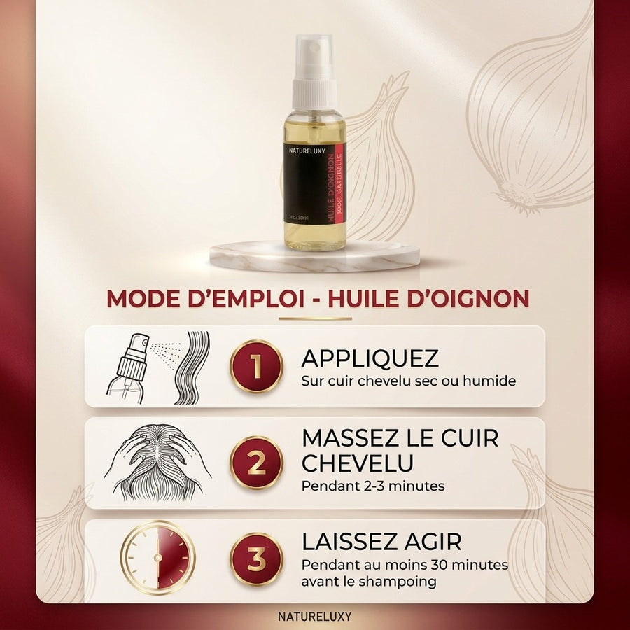 Huile d’Oignon 30 ml Spray 100% Naturelle – Soin cheveux & peau – produit naturel présenté par Natureluxy