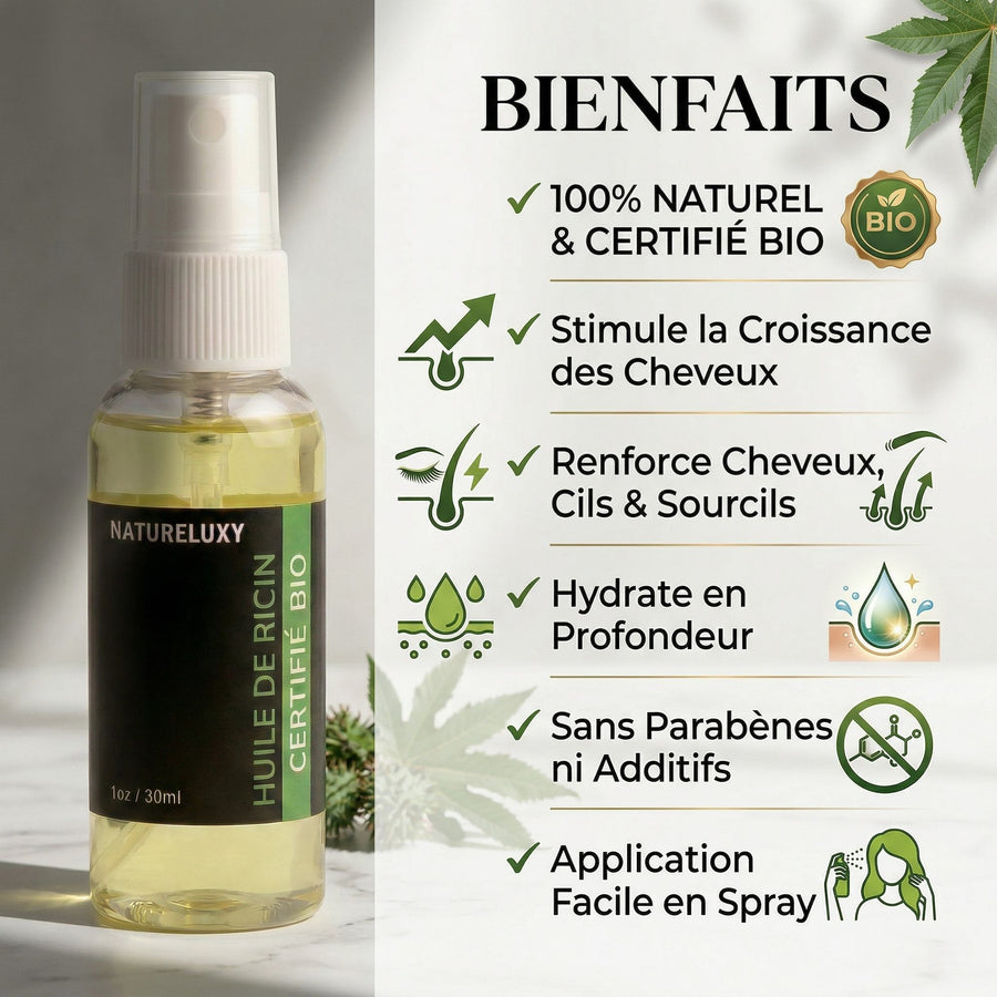 Huile de Ricin 30mL 100% Naturel Spray – produit naturel présenté par Natureluxy