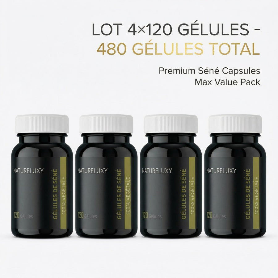 Lot 4×120 Gélules de Séné (Senna) – 480 gélules 300 mg par gélule – produit naturel présenté par Natureluxy