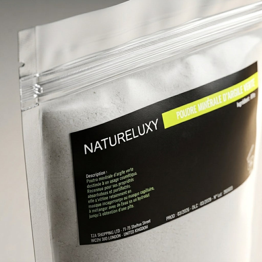 Argile verte en poudre 500 g – Usage externe (visage, cheveux, bains) – produit naturel présenté par Natureluxy