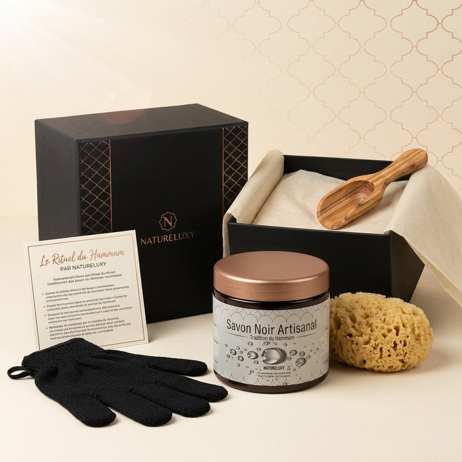 Savon noir marocain 300 g – Pâte exfoliante pour hammam (usage externe) – produit naturel présenté par Natureluxy
