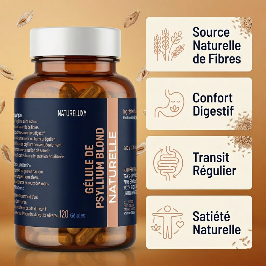 Psyllium Blond 120 Gélules Végétales – Origine Inde – Complément Alimentaire – produit naturel présenté par Natureluxy