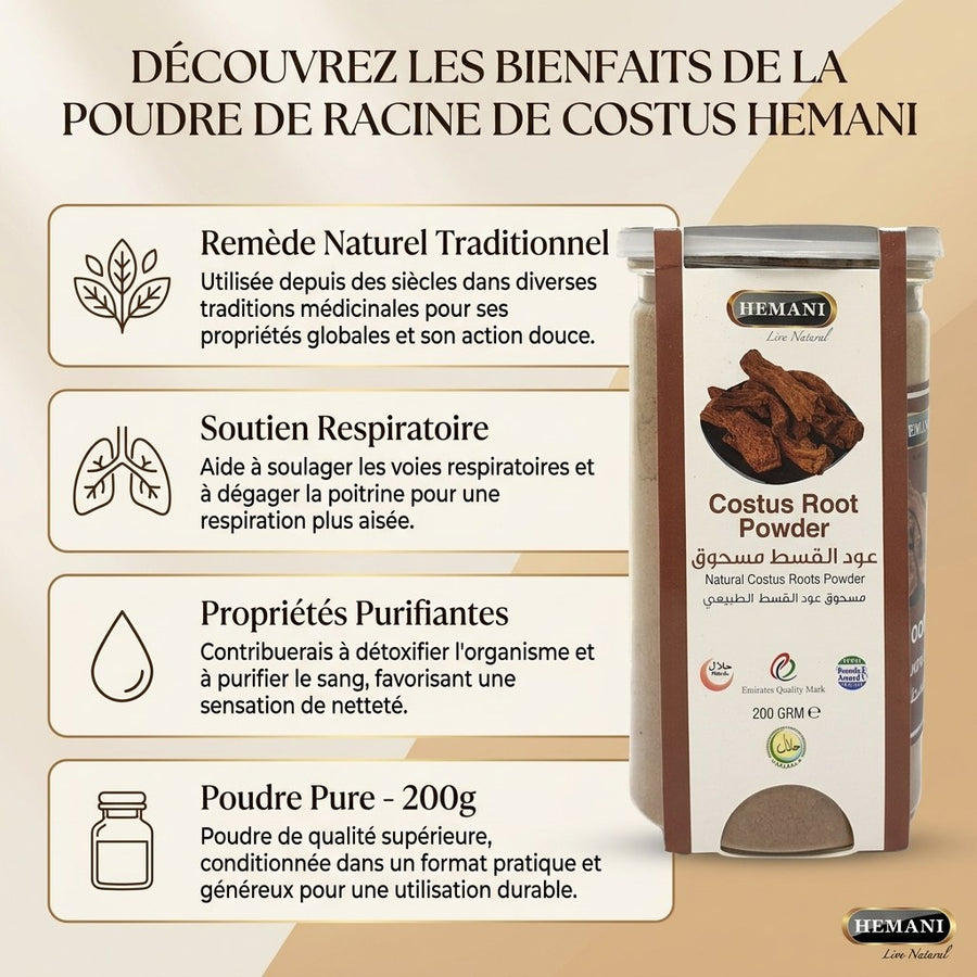 Costus Indien en Poudre Hemani – 200g – produit naturel présenté par Natureluxy