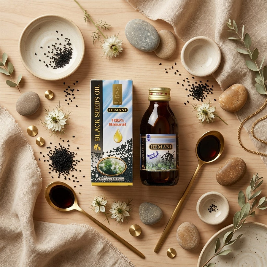 Huile de Nigelle (Cumin Noir) Hemani 125 mL – 100% Naturelle – Usage Cosmétique & Alimentaire – produit naturel présenté par Natureluxy